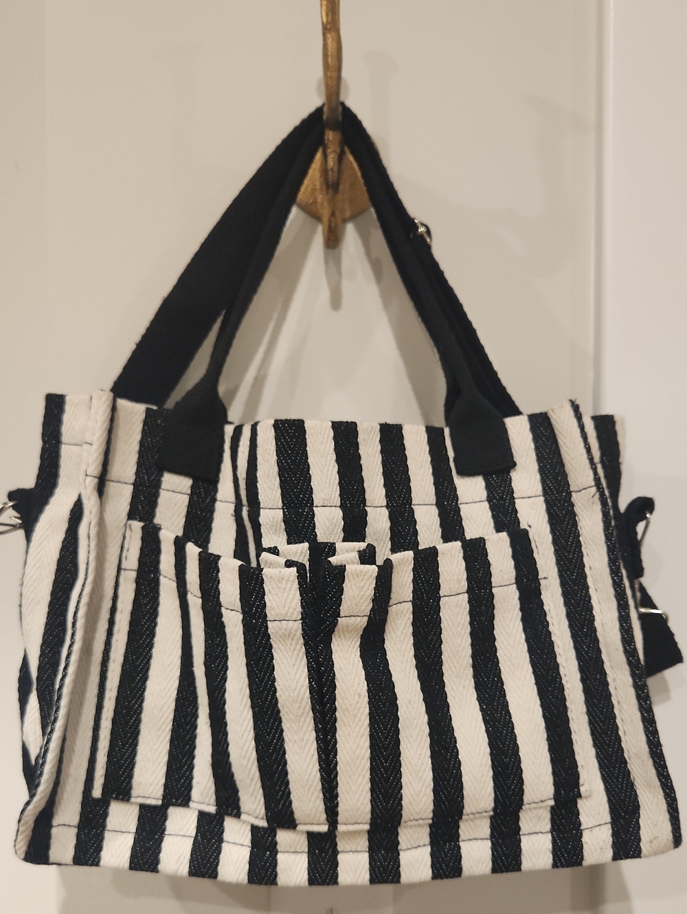 Striped Canvas Tote Bag in Black and White